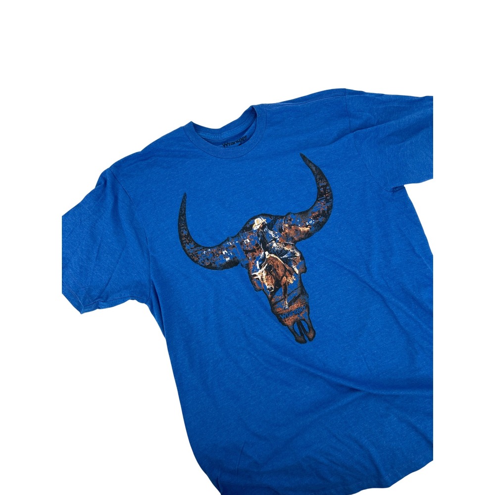 Wrangler Mens Blue Rodeo Bull Rider Longhorn Skull Graphic T-Shirt Large L